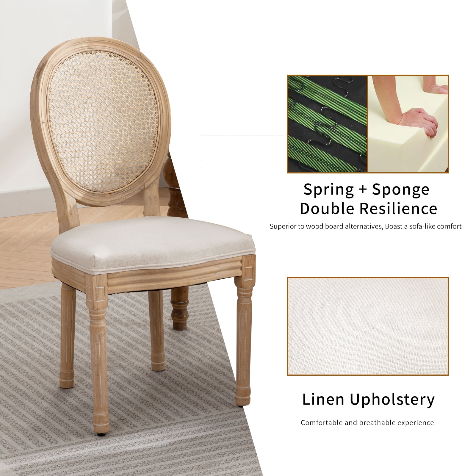 French Country Dining Chairs Set of 2, Cream Kitchen & Dining Room Chairs Set of 2, Ivory Rattan Dining Chairs, Cane Back, Wood Legs, Sillas De Comedor (Rattan, Beige, 2Pcs)