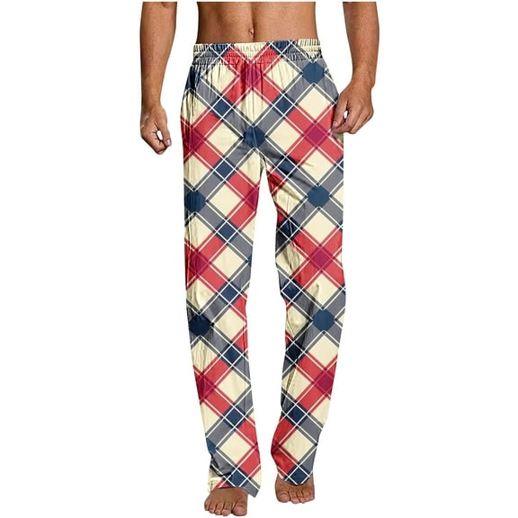 YLSDY Mens Hawaii Pants Argyle Design Fashion Plaid Cotton Lightweight Soft Hawaii Bottoms Lounge Sleepwear Pants Red L