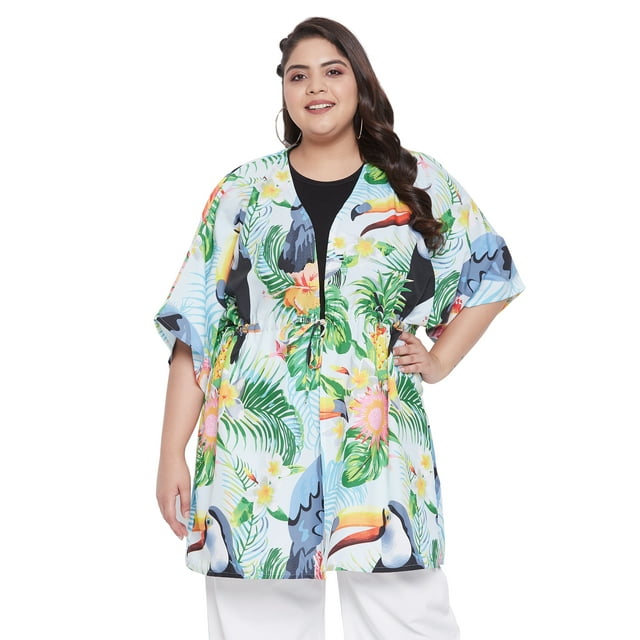 Women's Kimono Cardigan Floral Print Drawstring Open Front Loose Top Summer