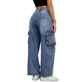 thumbnail image 3 of INSPIRE CHIC Women's Cargo Jean High Waisted Casual Baggy Wide Leg Denim Pants with Pockets S Blue, 3 of 5
