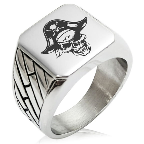 Stainless Steel Pirate Captain Skull Geometric Pattern Biker Style Polished Ring