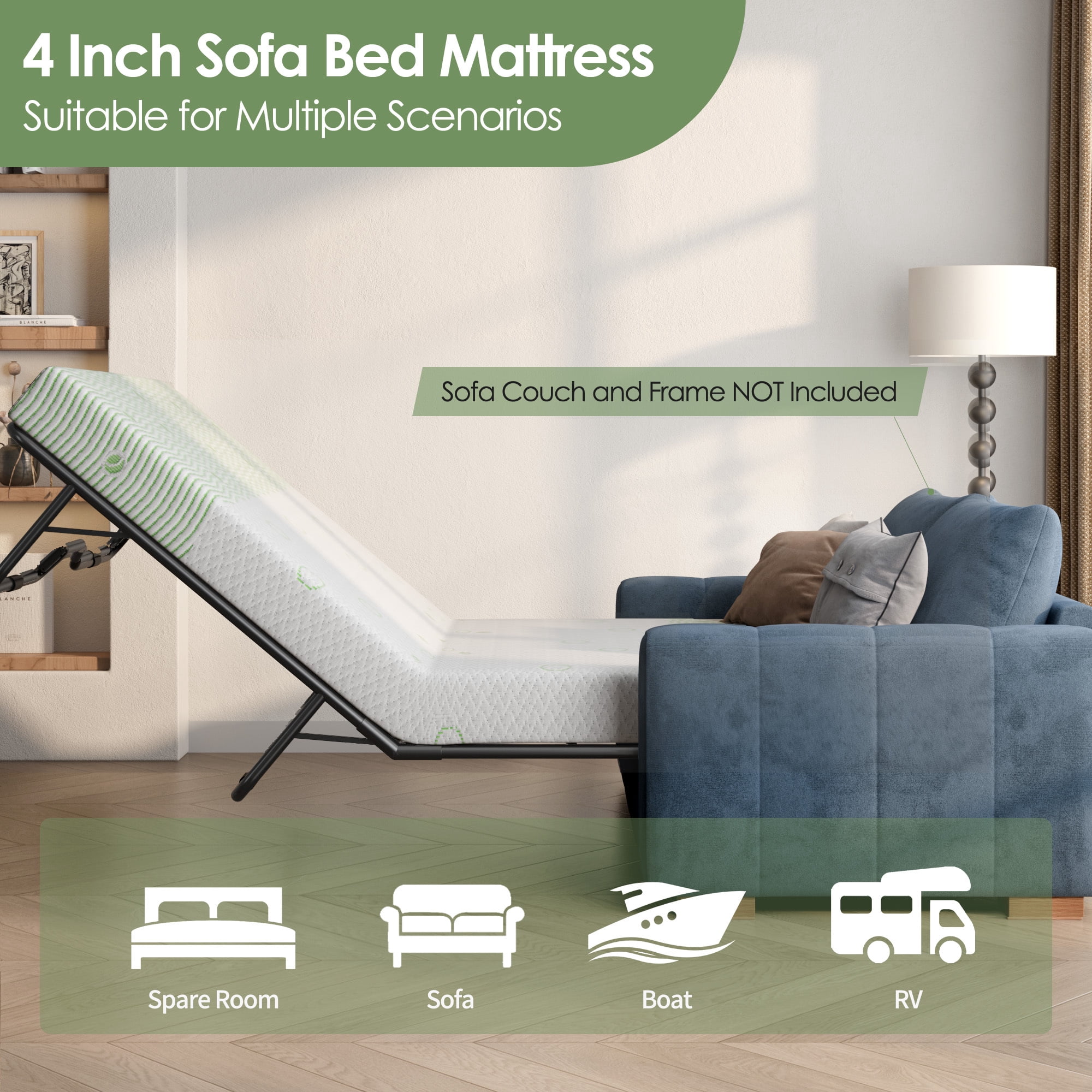 4 Inch Green Tea Gel Memory Foam Mattress, Queen Size, Foldable Replacement Mattress for Pull Out Sofa Bed, RV, Boat, Guest Bed, Removable Washable Cover, CertiPUR-US Certified,(Sofa Not Included)