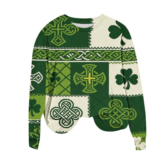 Tauxra Hauts pour Femmes de la Saint-Patrick Imprimés Coupe Ample Col Rond Chandail à Manches Longues Décontracté pour Femmes, Blouses de Printemps de la Saint-Patrick, Chemises de Fête