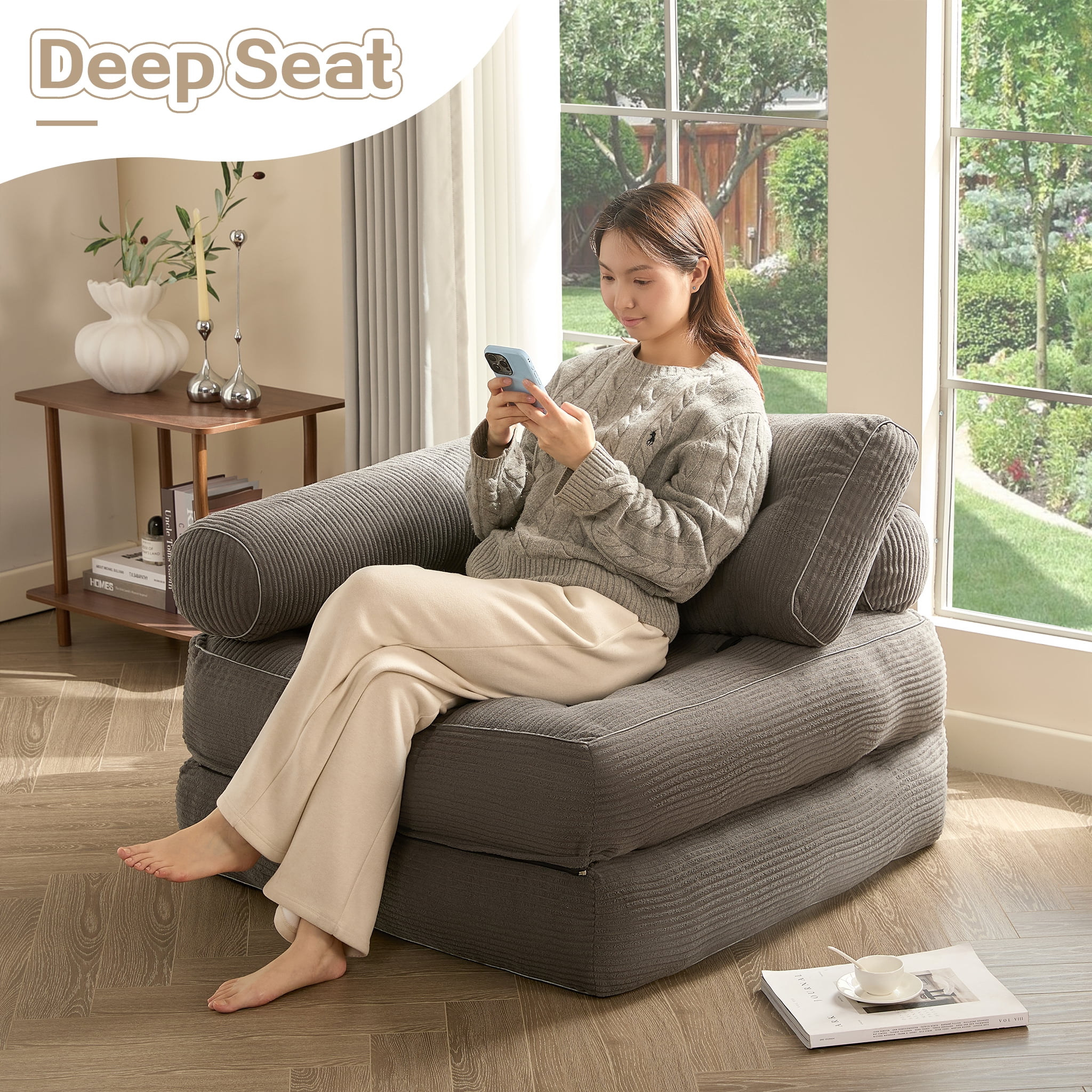 LAKPS Convertible Floor Sofa Bed Plus, Corduroy Modular Lounge Chair with Backrest & Pillow, Folding Tatami Sofa Sleeper for Living Room, Bedroom, Dorm, Gray
