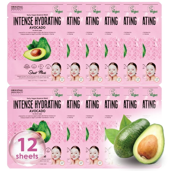 Original Derma Beauty 12 Pack Vegan Intense Hydrating Avocado Essecne Mask Sheet - Vegan Face Mask Skin Care Face Masks Skincare, Facial Masks for Women Skin Care