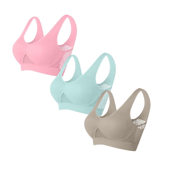 ylioge S-5X Plus Size Sports Bras for Women 3 Pack No Underwire Push Up Bralettes Pullover Breathable Hollow-Out Padded Athletic Yoga Underwear Bra