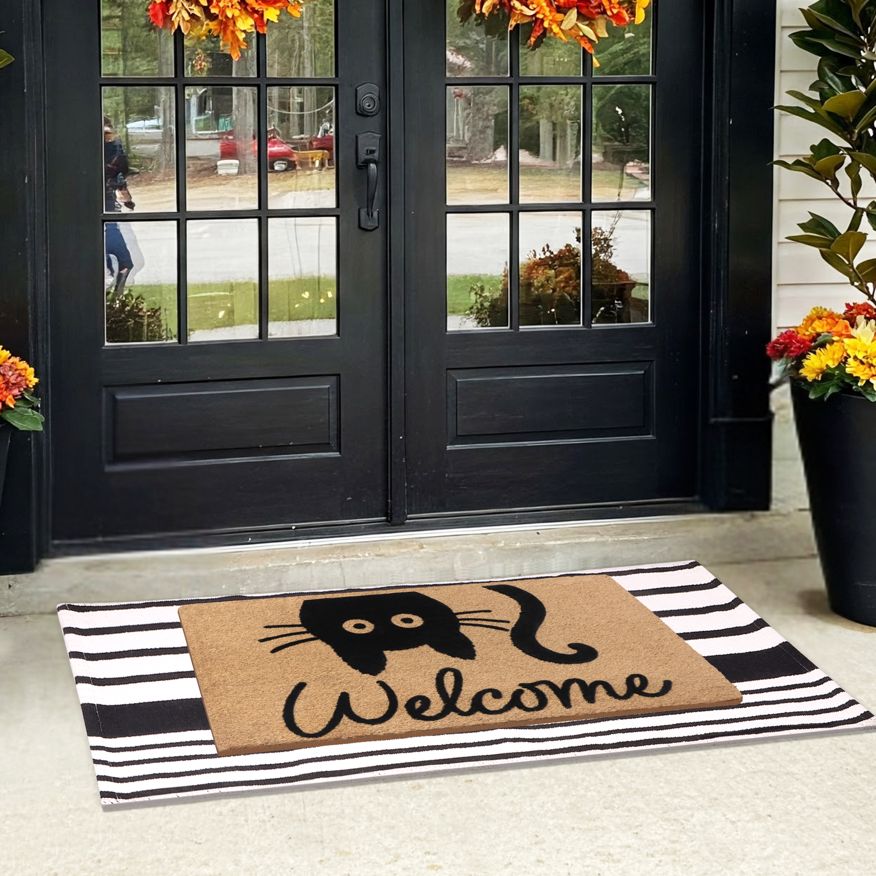 A1HC Coir Welcome Mat and Black & White Striped Cotton Rug Combo Set, 24"x36" & 24"x51", Hand-Woven Washable Entryway Décor