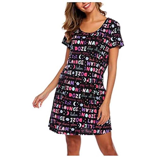 S.CHRISTINA Cotton Nightgown Assorted Print Short Sleeves Shirt Casual