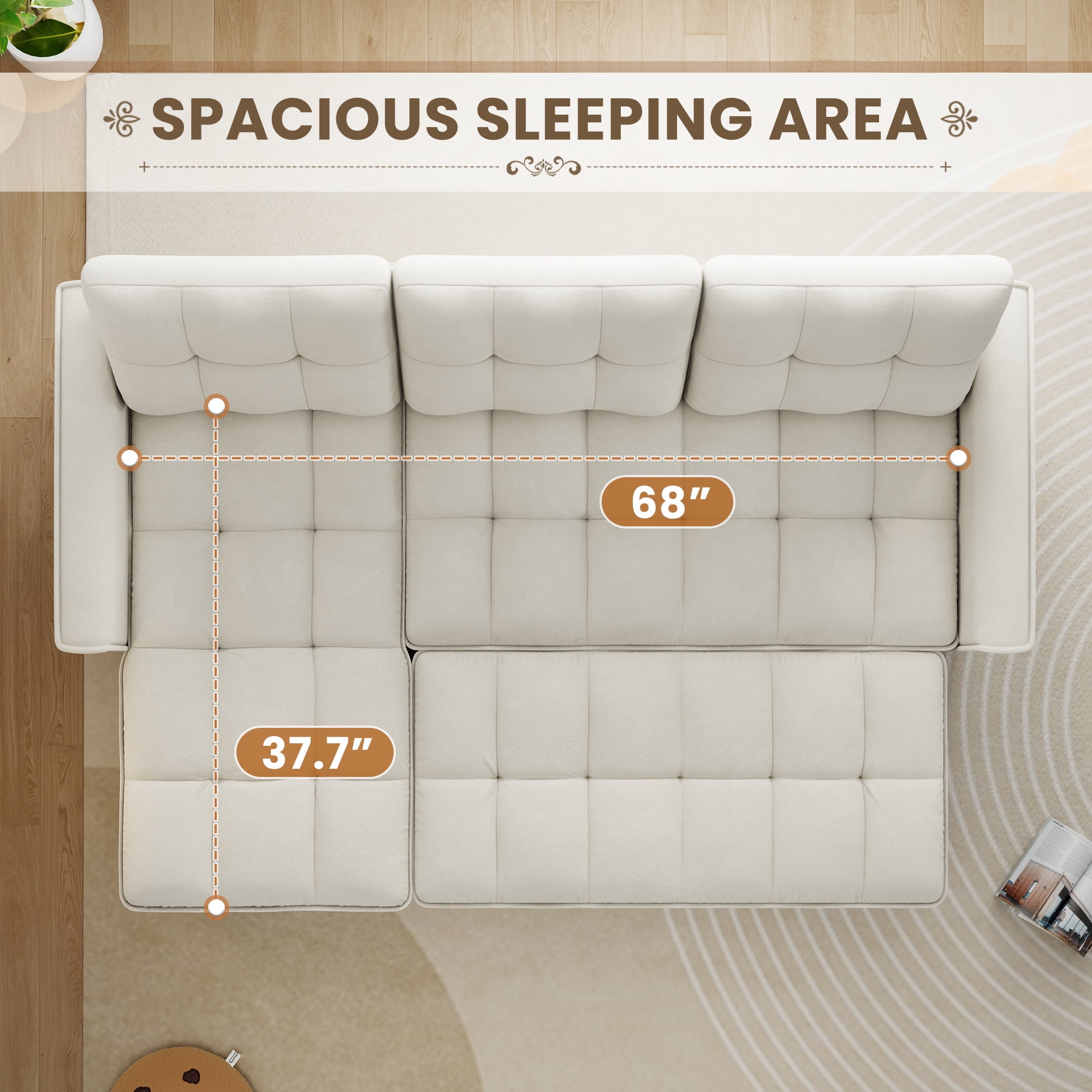 Muumblus Convertible Sofa Bed, Sectional Sleeper Sofa with Storage Chaise, L-Shaped Couch for Living Room, Beige Chenille