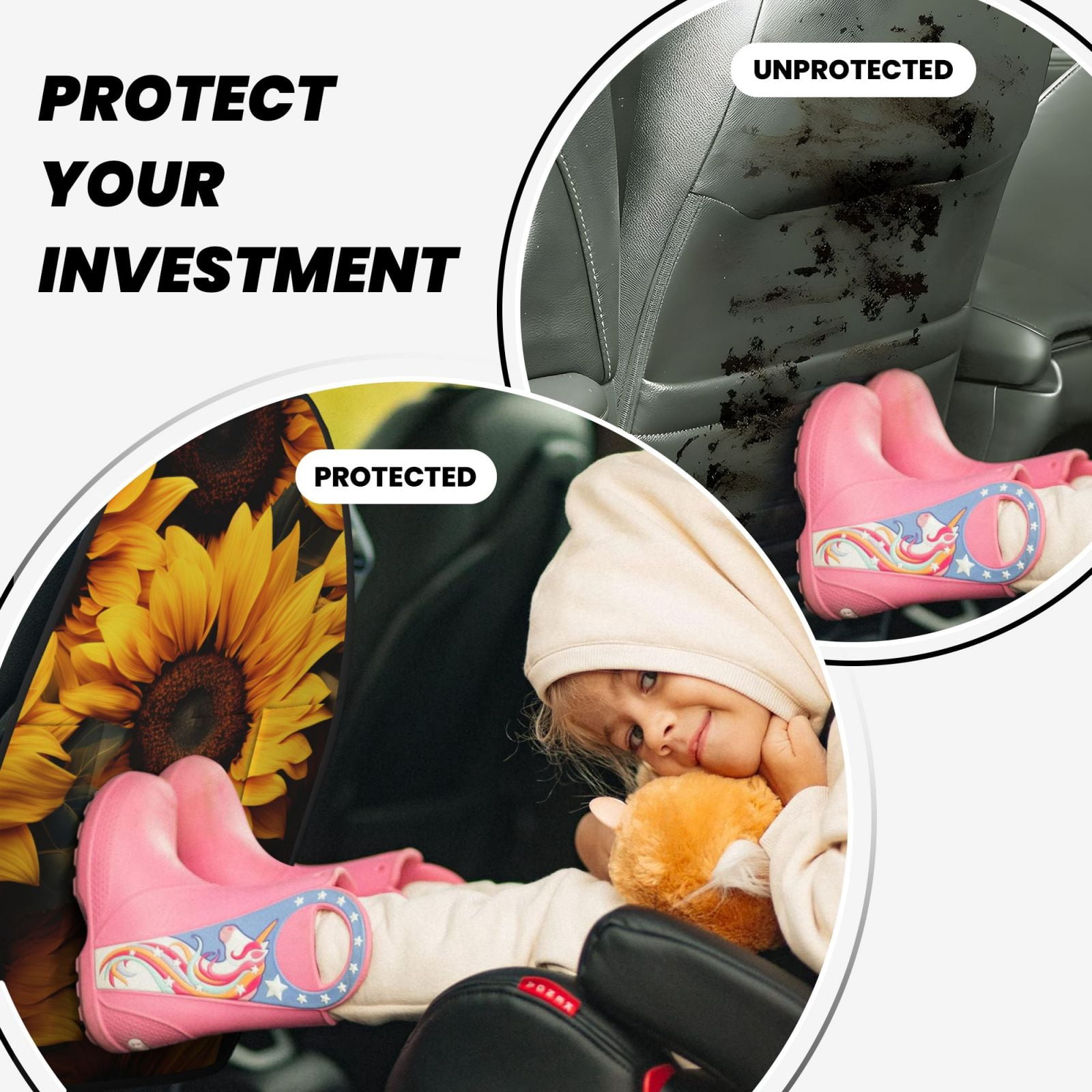 Kdxio Vibrant Sunflower Blooms Print 2 Pack Car Kick Mat Seat Cover Back Protector Mat with Pockets for Organizer Backseat Protector and Storage Anti Kick Pad for Vehicles