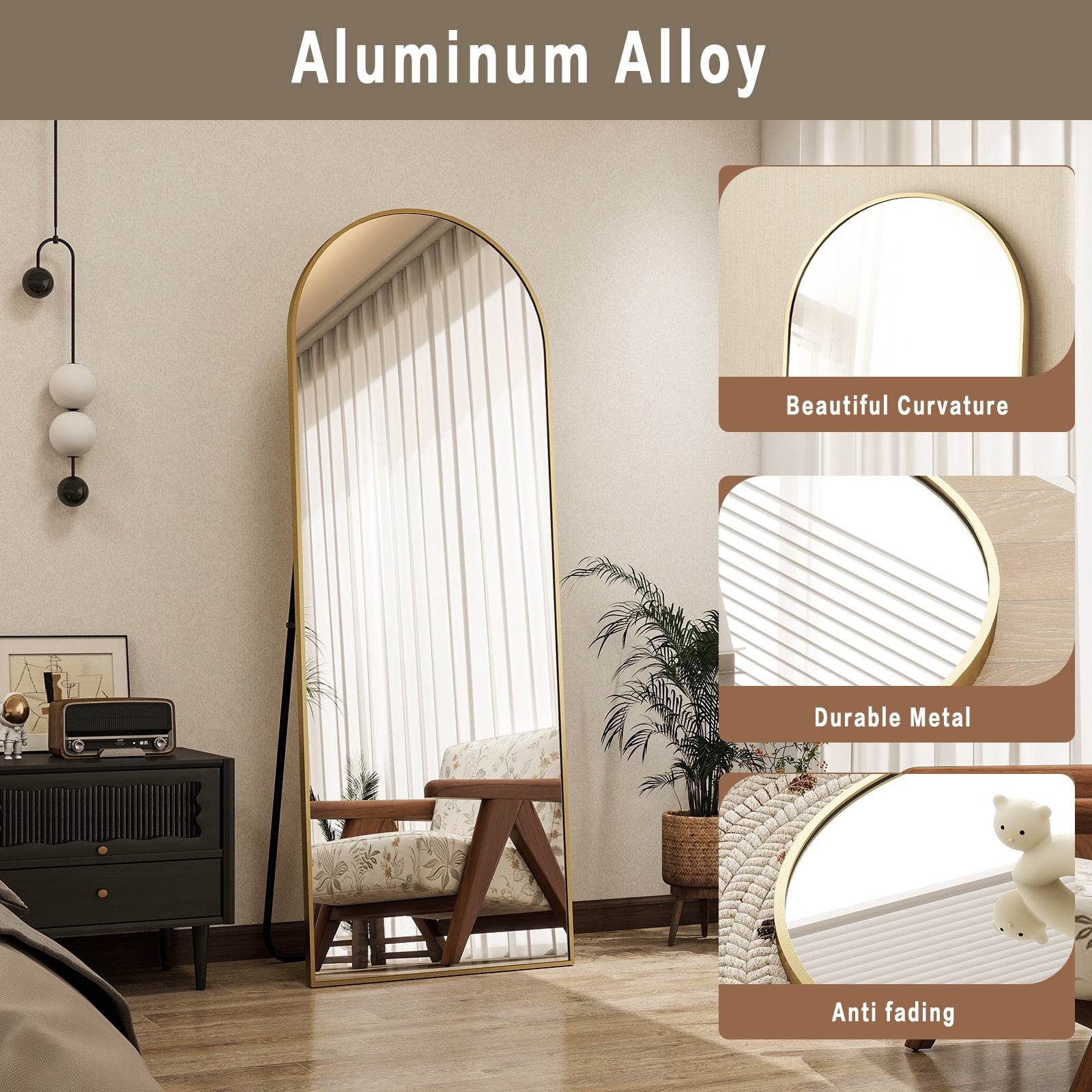 Anyrose 71.2"x30" Arched Full Length Floor Mirror Wall-Mounted Leaning Mirror, Gold