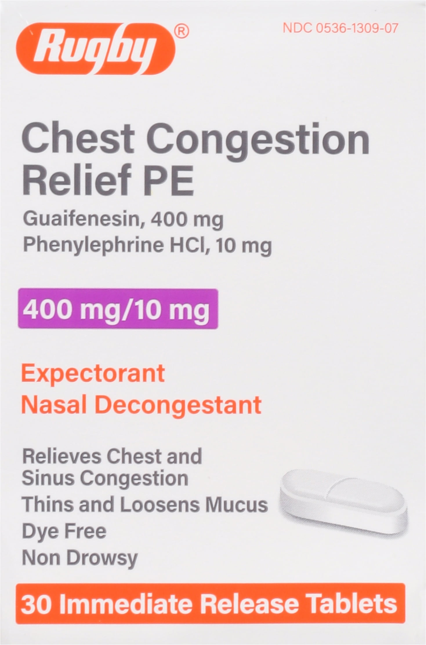 Rugby Chest Congestion Relief PE Guaifenesin 400 mg / Phenylephrine HCl
