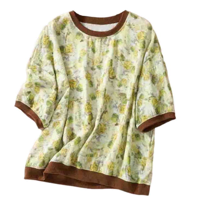 Camisas de Manga Corta para las Mujeres Cuello Redondo Impreso Camisa Suelta con Tres Cuartos de Mangas Casual Top