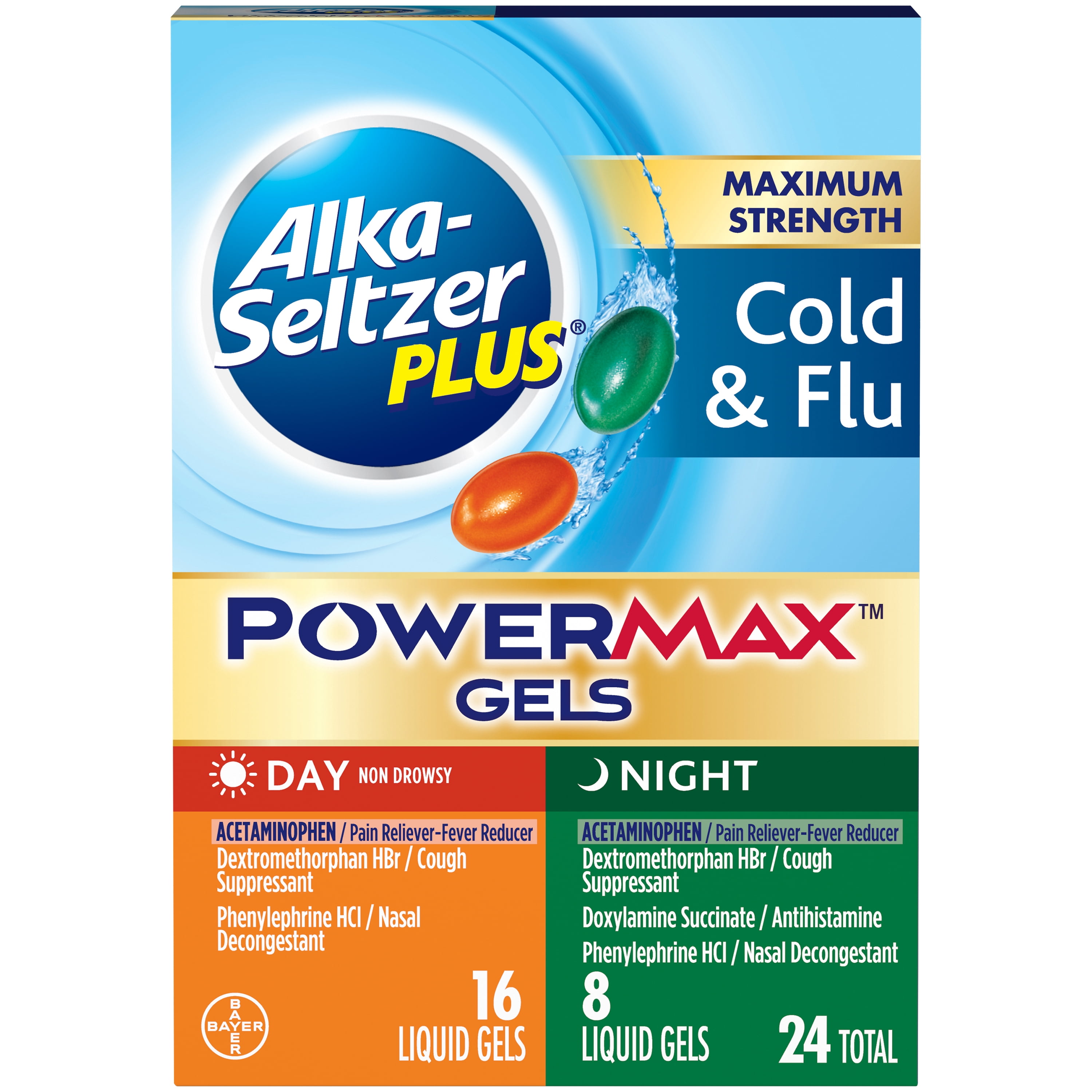 Alka-Seltzer Plus Maximum Strength Cold & Flu Medicine, Day + Night, Powermax Liquid Gels, 24 Count