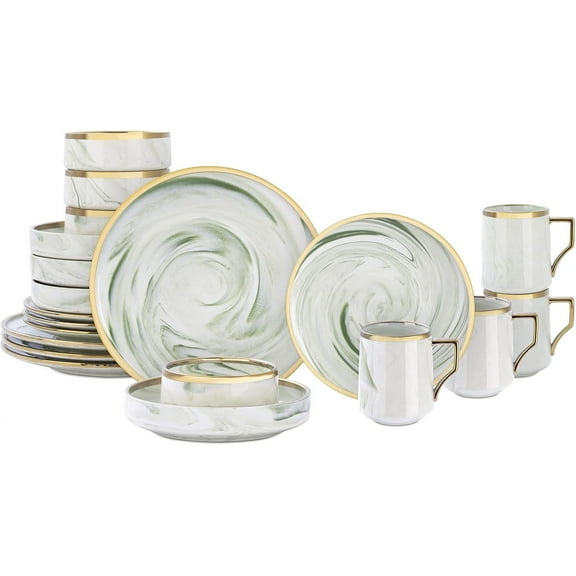 Fine China Artisan Marbled 20pc Dinner Set, Green with Gold