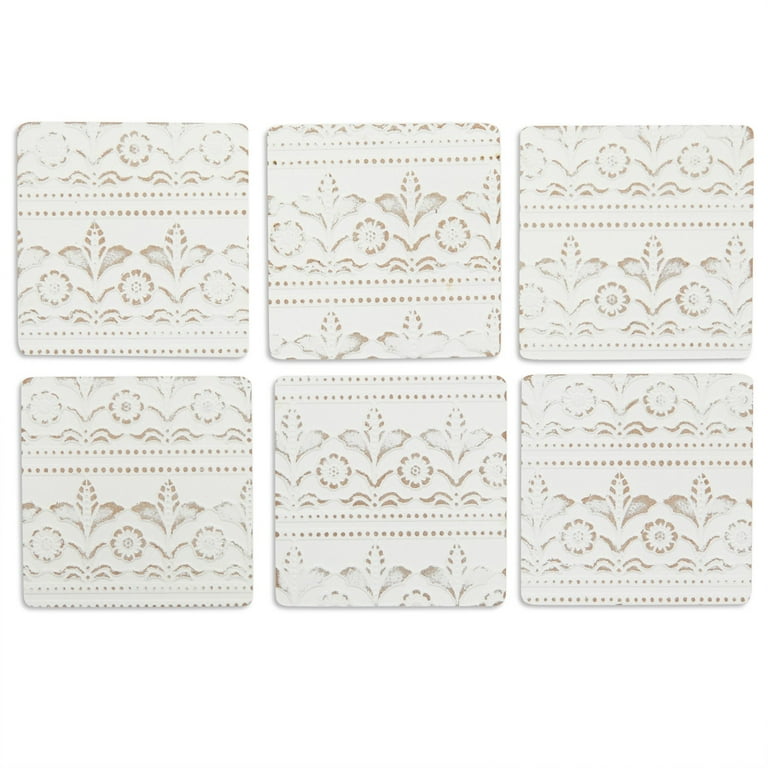 Set of 6 Wooden White Coasters with Holder for Drinks, Coffee Table, Floral  Farmhouse Decor (3.8 In)