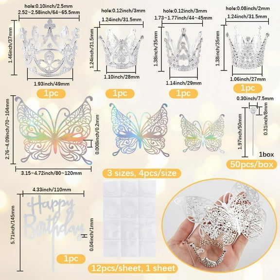 1 Box 67Pcs Flower Bouquets Accessories Butterfly Decorations Silver Corsage Pins Bulk Alloy Rhinestones Sparkle Crown Cake Toppers for Women Birthday Party Wedding Decor Bouquet Arrangements