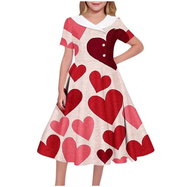 EGNMCR Robe à Manches Courtes à Col en V Robe à Manches Courtes Imprimée pour Filles Robe pour Enfants de Taille Moyenne et Grande Jupe à Col Plié Robe en Polyester pour Fille
