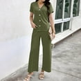 thumbnail image 2 of Lovskoo 2024 Two Piece Outfits for Women Summer Loose Ribbed Short Sleeve V Neck Button Down Shirt Elastic Waist Wide Leg Pants Knit Matching Lounge Sets Olive Green L, 2 of 9