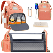 Diaper Bag Backpack, Multifunctional Baby Diaper Bag with Changing Station, Large Capacity Travel Backpack with Insulated Milk Bottle Pocket&Foldable Crib, USB Charging Port(Pink)