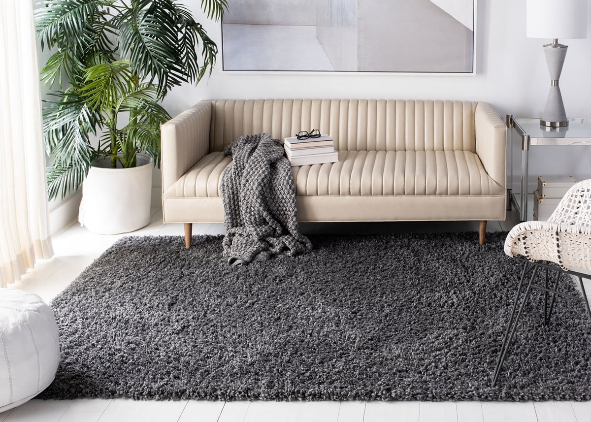 SAFAVIEH August Sophia Solid Shag Area Rug, Charcoal, 6'7" x 6'7" Square