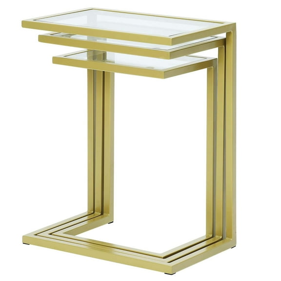 Contemporary Home Living Set of 3 Gold Nesting Tables with Rectangular Glass Top 23.5"