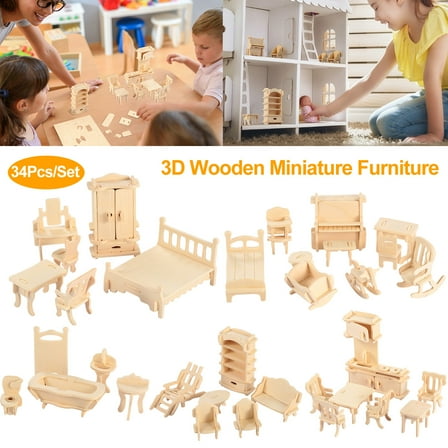 Moclever 3D Wooden Puzzles DIY Miniature Furniture Models Set Wooden Dollhouse Furniture