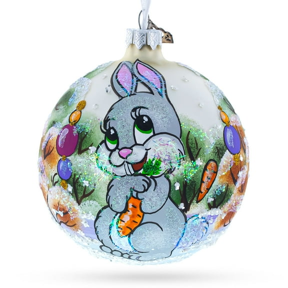 Glitter Bunny with Carrot Glass Ball Ornament 4 Inches