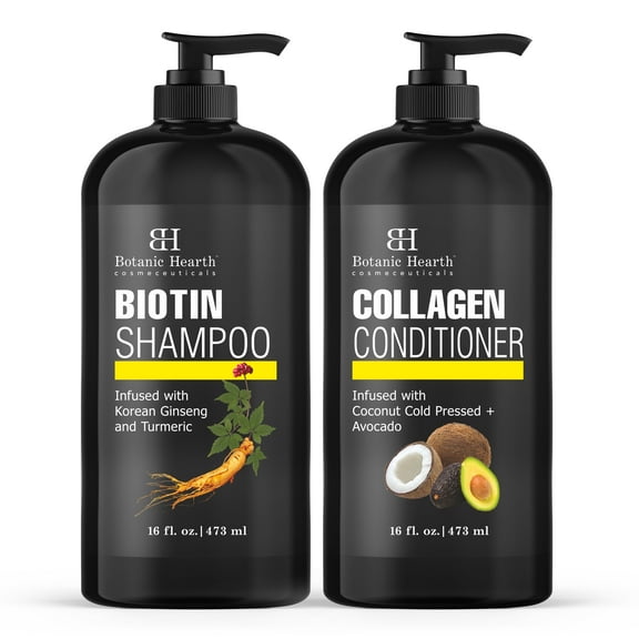 Botanic Hearth Biotin Shampoo & Collagen Conditioner Set – Infused with Korean Ginseng, Turmeric, Cold-Pressed Coconut & Avocado – Promotes Stronger, Thicker Hair – Sulfate & Paraben Free – 16 fl. oz
