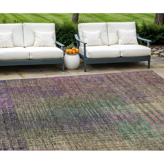 8' X 10' Plum Olive Green And Lavender Abstract Washable Indoor Outdoor Area Rug
