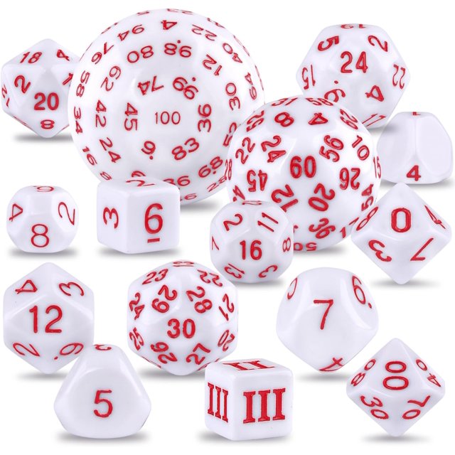 GFDYREE Ensemble Complet de 15 dés de Jeu Polyédriques D3-D100 avec Sac de Rangement en Cuir pour Jeux de Rôle (Blanc et Rouge)