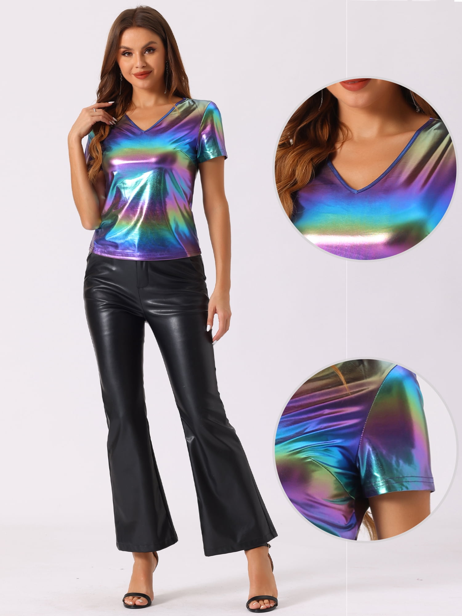 DARING DIVA Women's V Neck Party Clubwear Shiny T-Shirts S Blue Pink