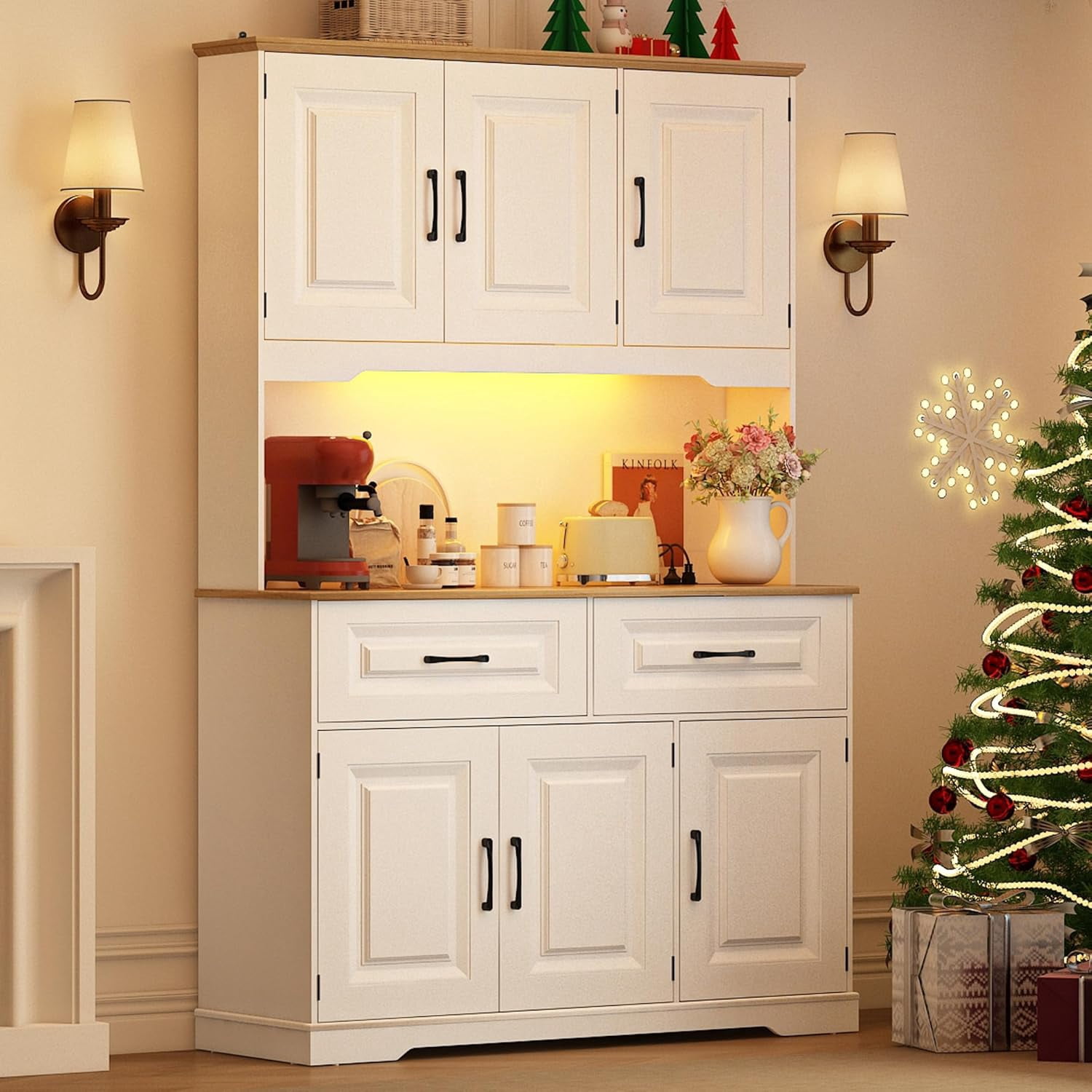 71" Tall Kitchen Pantry Cabinet with 6 Doors Shelves & Led Lights & Charge Station, 47" Wide Freestanding Farmhouse Cupboard with 2 Drawer,6 Doors Storage,Adjustable Shelves,Open Countertop, White