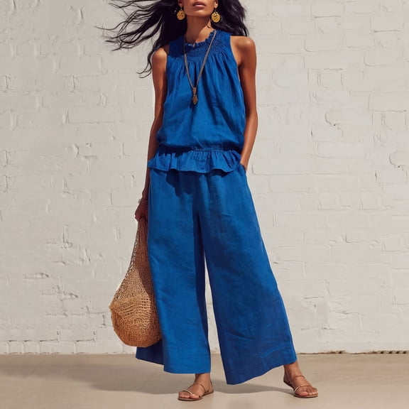 LEKWK Linen Sets for Women 2 Piece Sleeveless Ruffle Tank Tops and Flowy Wide Leg Pants with Pockets Summer Fashion Boho Beach Travel Sets