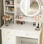 MONSLIPA Makeup Vanity Dressing Table w/Drawers and Shelves, Sturdy Vanity Set w/Lighted Mirror, White Dresser Desk & Cushioned Stool