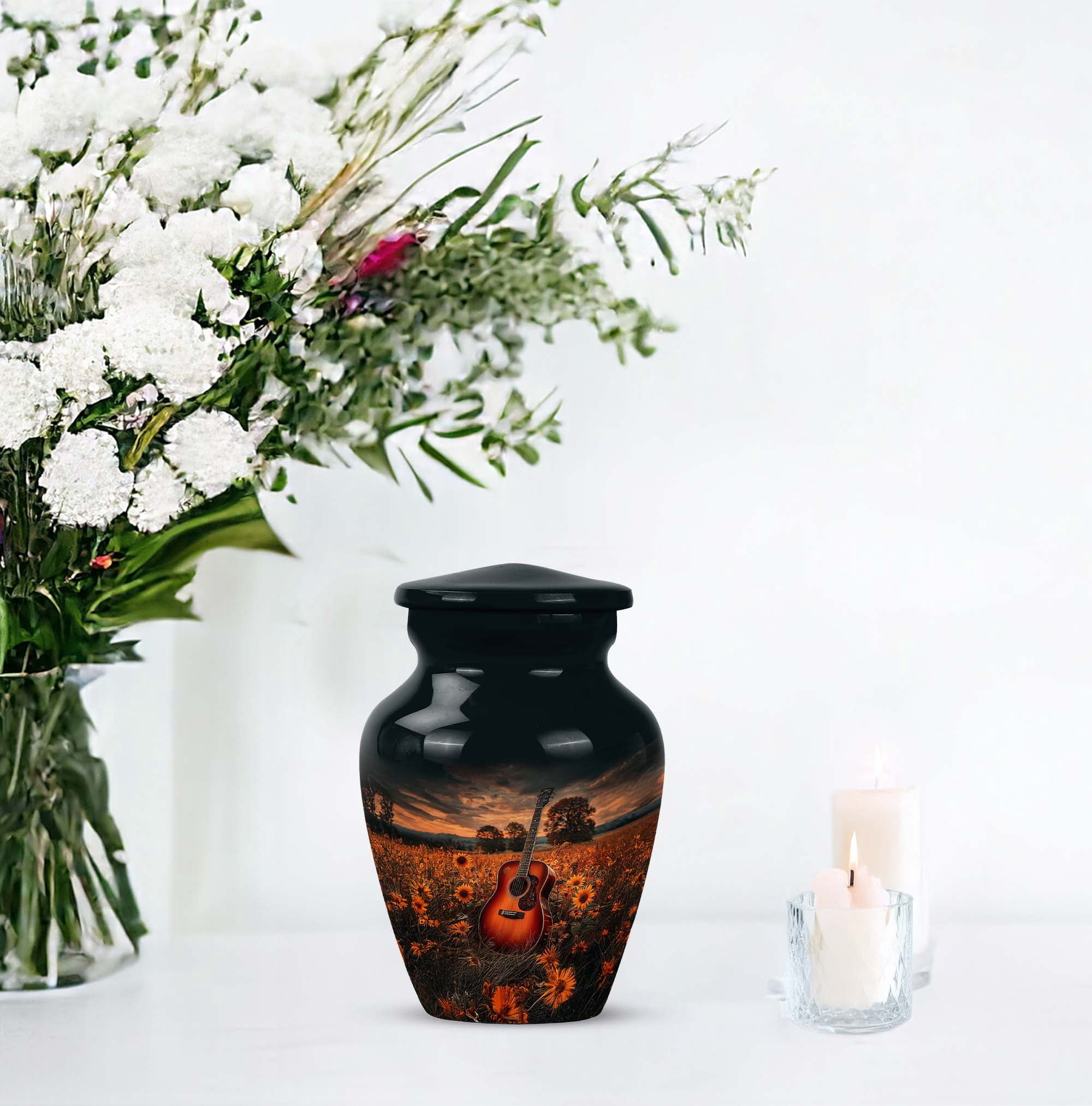 Guitar Urns For Human Ashes For Adults - Brown Keepsake For Ashes For Husband And Wife - Black Small Urns For Male, 3 Inch - Burial Mini Urn For Adult Female - Keepsake Sunflower Urn For Dad