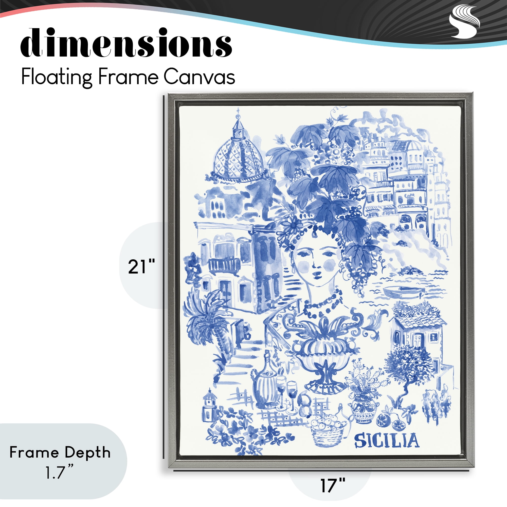 Stupell Industries Sicilia City In Blue Gray Framed Floater Canvas Wall Art, design by Karolina Sato