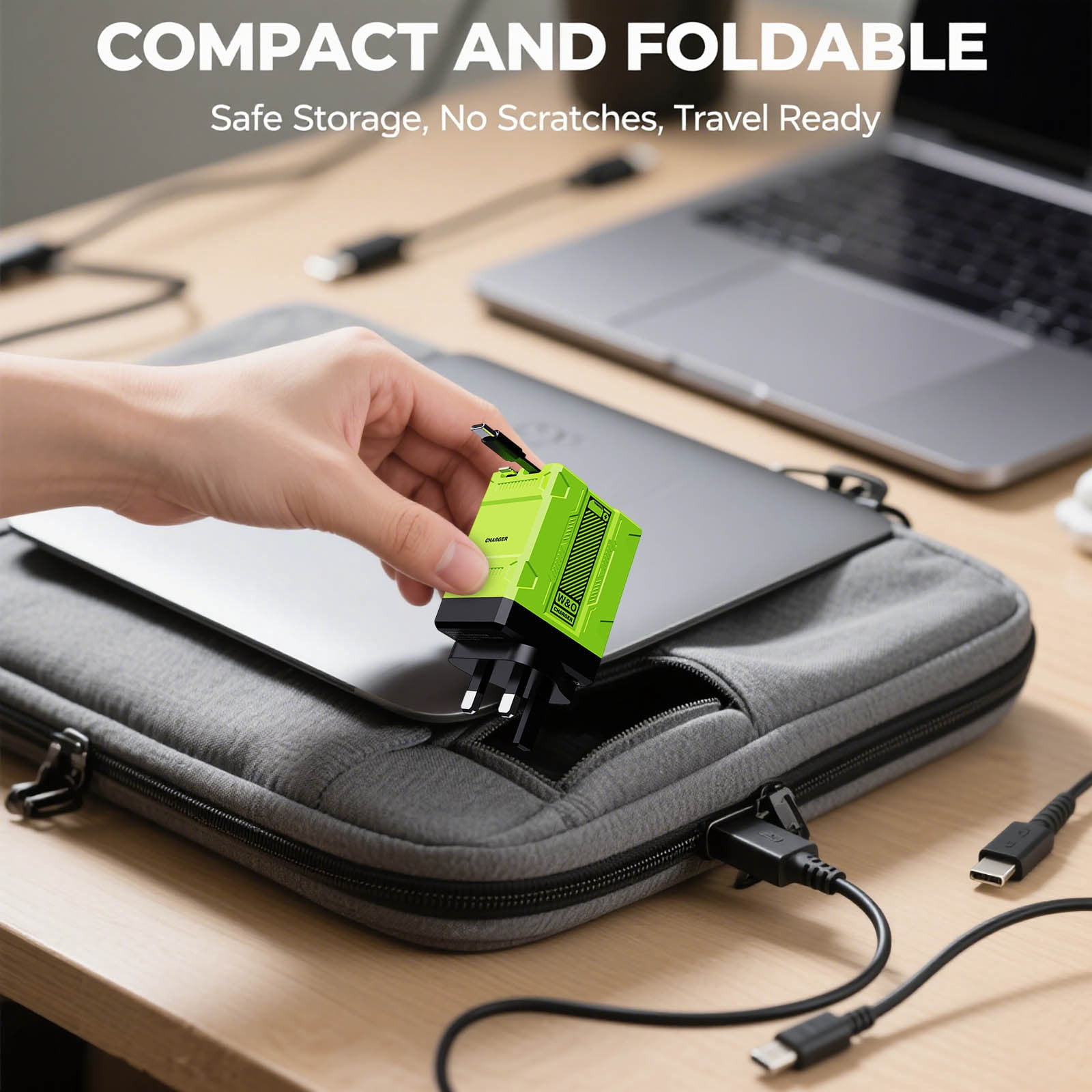 120W 2-in-1 Retractable Fast Charger, GaN Foldable Wall Plug with Built-in Cable, Portable Charging Adapter for Phones, Tablets & Laptops