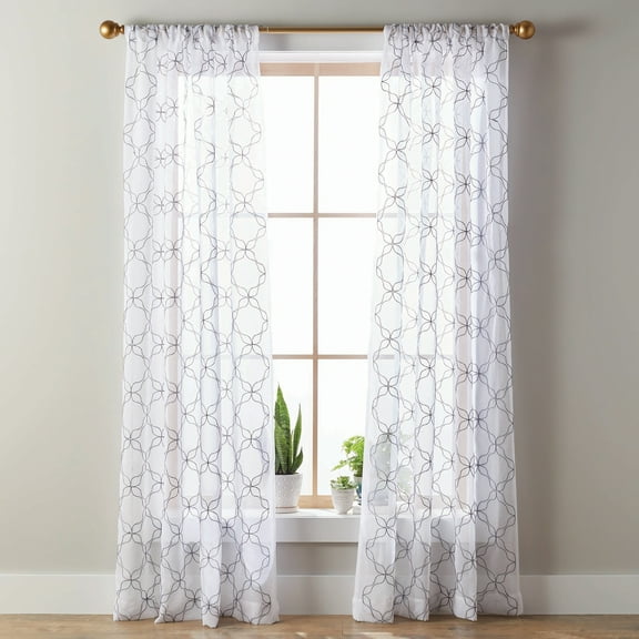Better Home & Garden Quatrefoil Embroidery Indoor Polyester Sheer Rod Pocket Single Curtain, Grey, 50"x84"