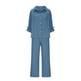 thumbnail image 5 of Jinhomg Two Piece Cotton Linen Sets for Women Butons Down Long Sleeve Shirts And Pants Fall 2 Piece Lounge Sets with Pockets Blue,XL, 5 of 7