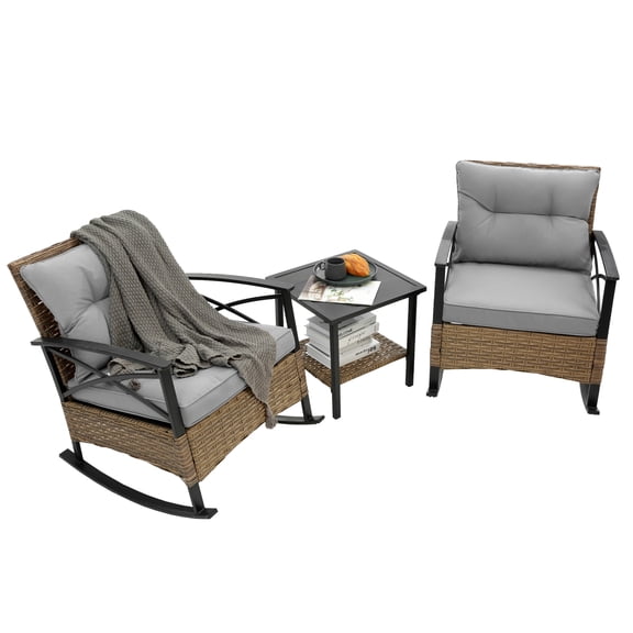 3-Piece Outdoor Rocking Bistro Set, Patio Furniture Set with Coffee Table and Thick Cushions, Wicker Rocking Chairs Set of 2 for Garden, Backyard, Grey