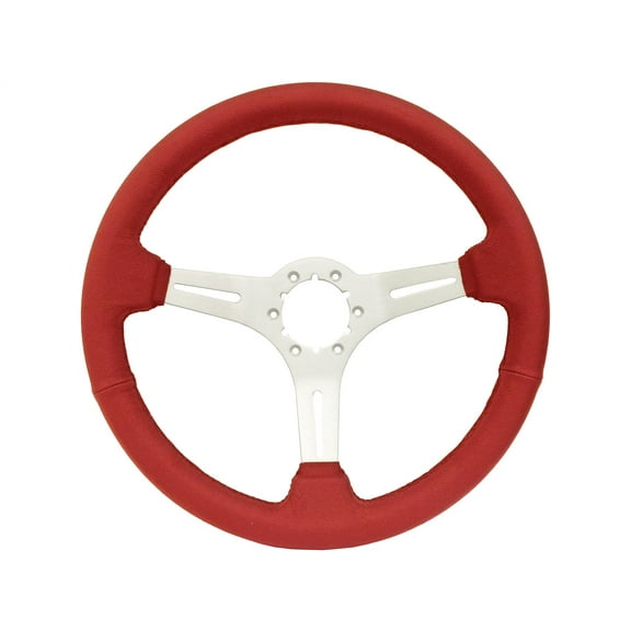 VSW 14 inch Red Leather Steering Wheel, 6-Bolt Brushed Aluminum Spoke, 2.5 inch Dish, ST3014RED
