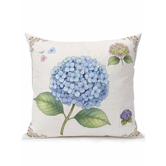 1 Pack Outdoor Throw Pillow, Blue Hydrangea Floral Waterproof Pillow with Insert Included, Farmhouse Flowers Blossom Decorative Accent Cushion Sofa Pillows for Patio Porch, 16 x 16 In