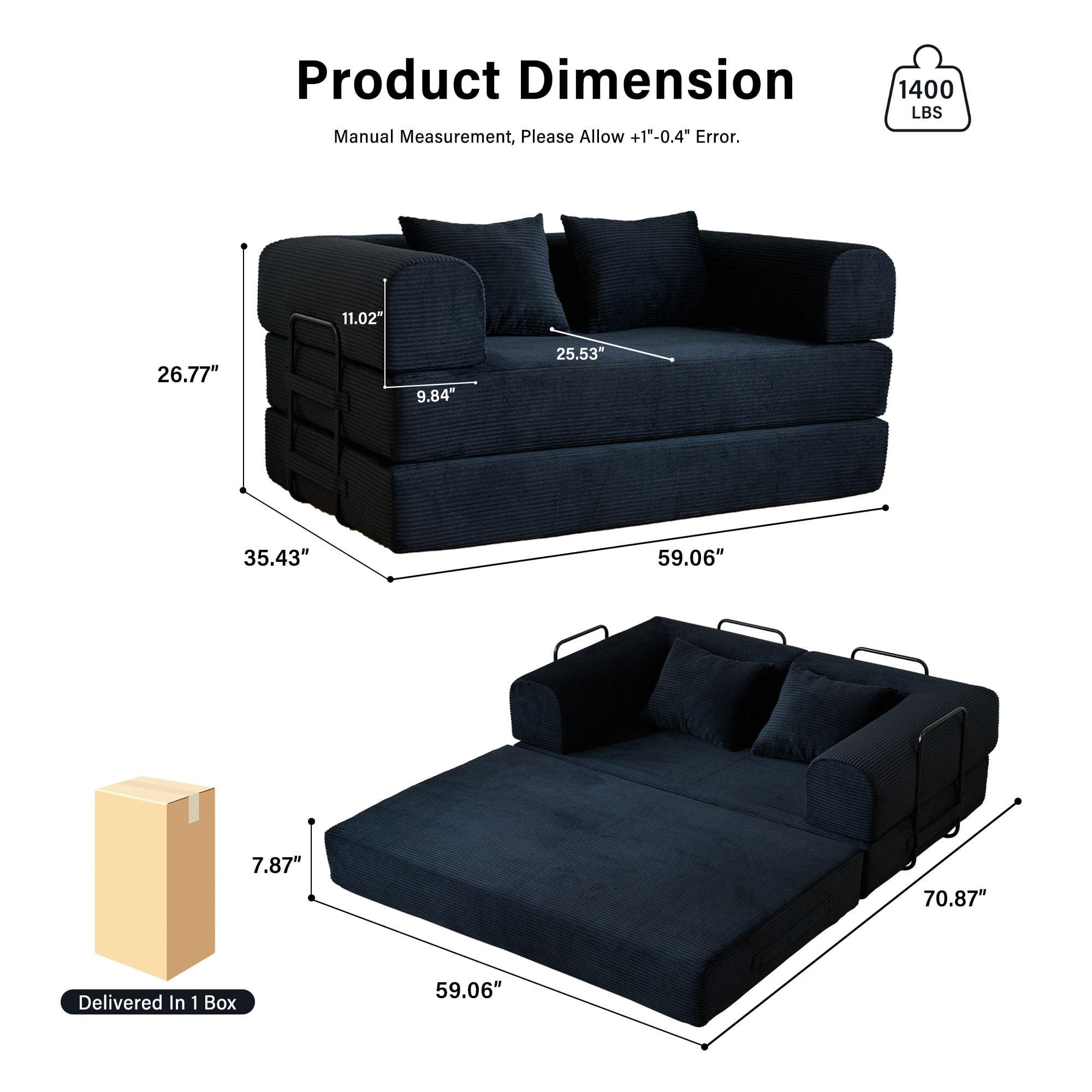 59" 5-in-1 Convertible Corduroy Sofa Bed, No-Assembly Boneless Loveseat Pull-Out Sleeper for Small Spaces(Black)