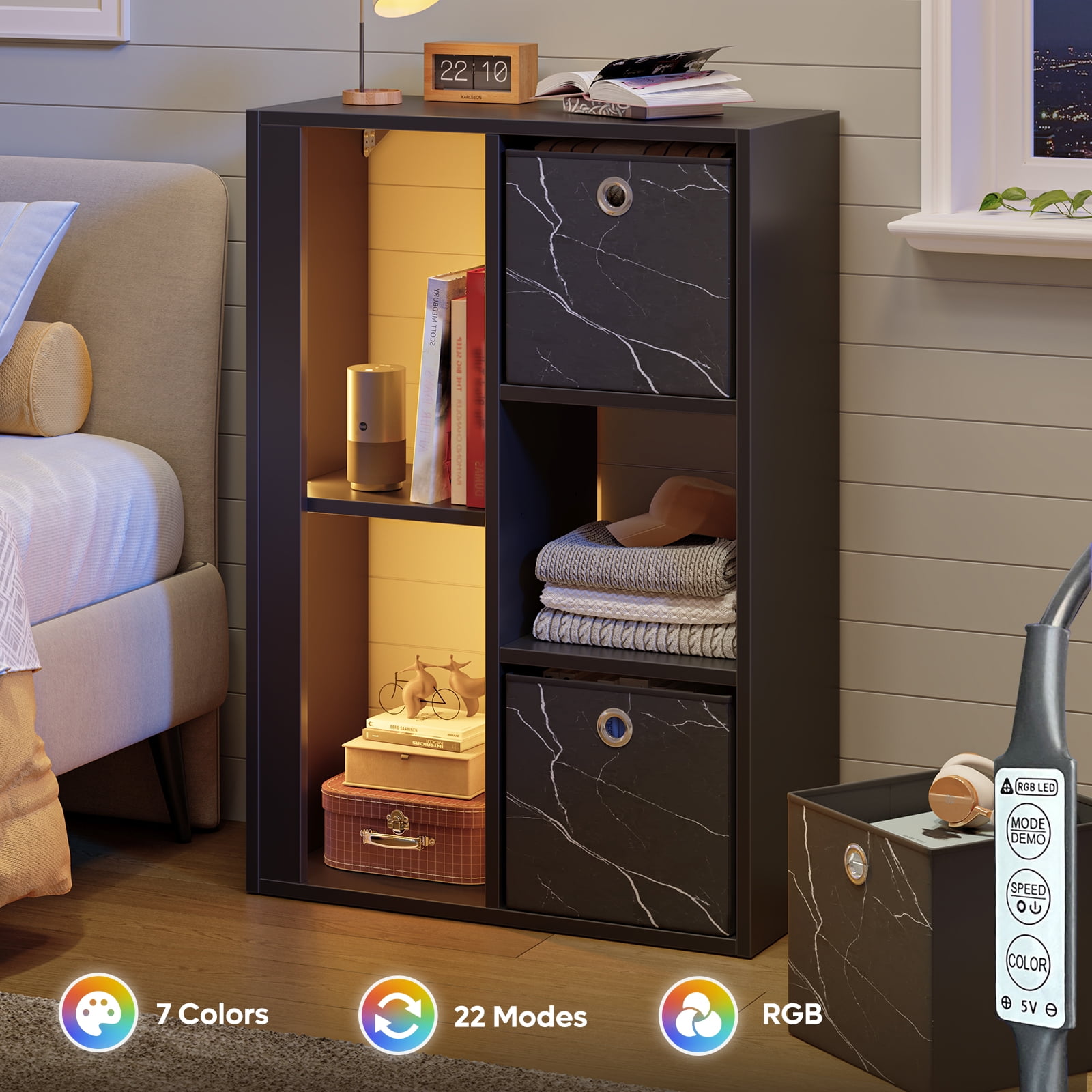 Pinmoco 5-Cube Kid's Bookshelf LED Toy Storage Organizer with Three Marbled Fabric Drawers for Playroom Storage, Black