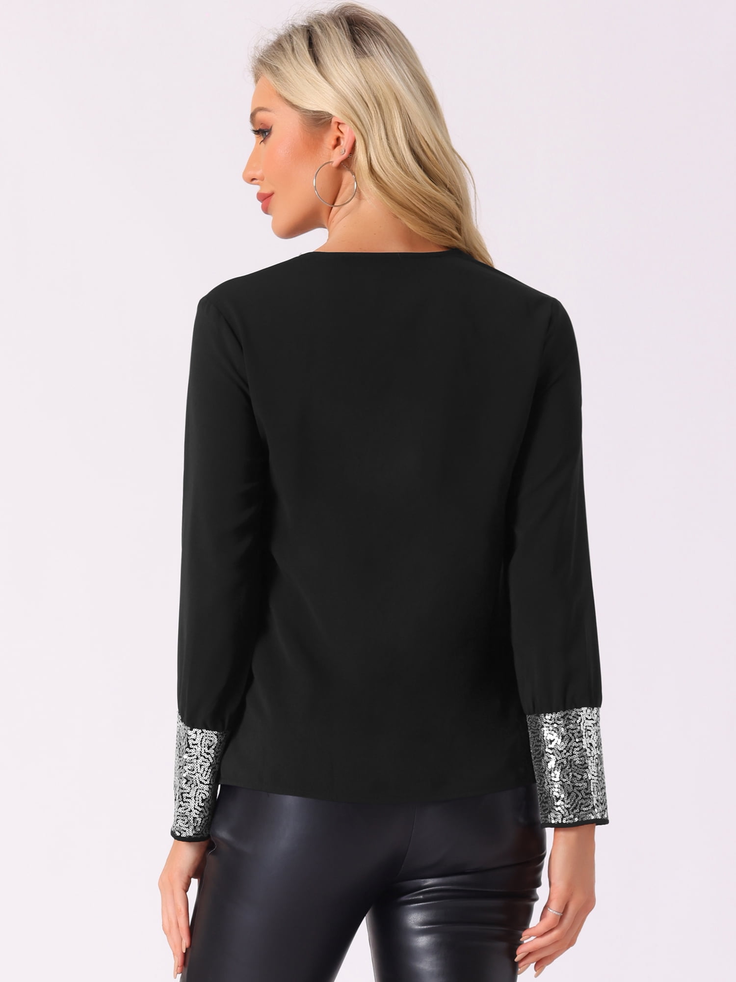 DARING DIVA Women's Sequin V Neck Long Sleeve Lightweight Shirts XS Black