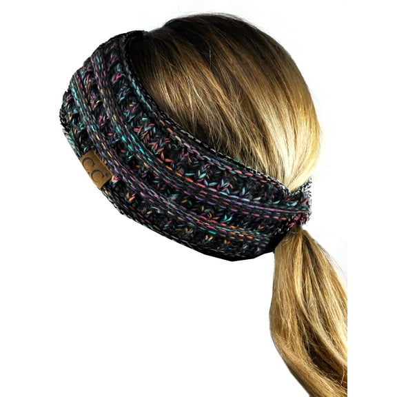 C.C Cable Knit Fuzzy Lined Ear Warmer Ponytail Pony Headband, Black/Multi