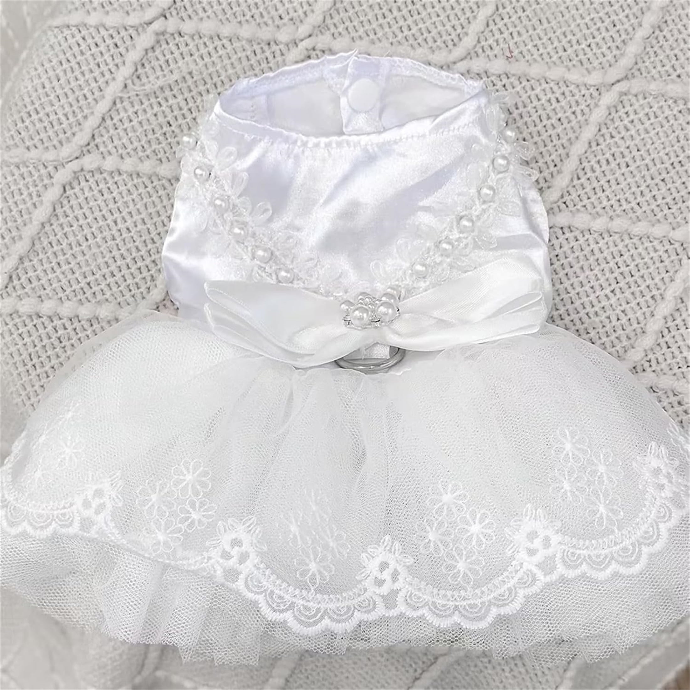 White Dog Wedding Dress Puppy Tutu Skirt with Bow and Pearl Decoration,L,White