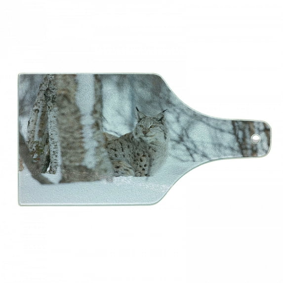 Animal Cutting Board, European Lynx Snowy Cold Forest Norway Nordic Country Wildlife Apex Predator, Tempered Glass Cutting and Serving Board, Wine Bottle Shape, Pale Brown White, by Ambesonne
