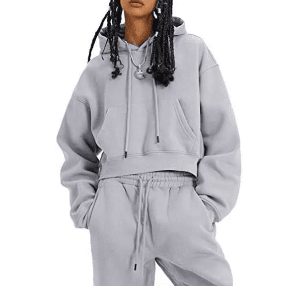 Women's Fleece Jogger Sets 2 Pieces Sweatsuits Outfits Crop Top Hoodies Jogger Pants